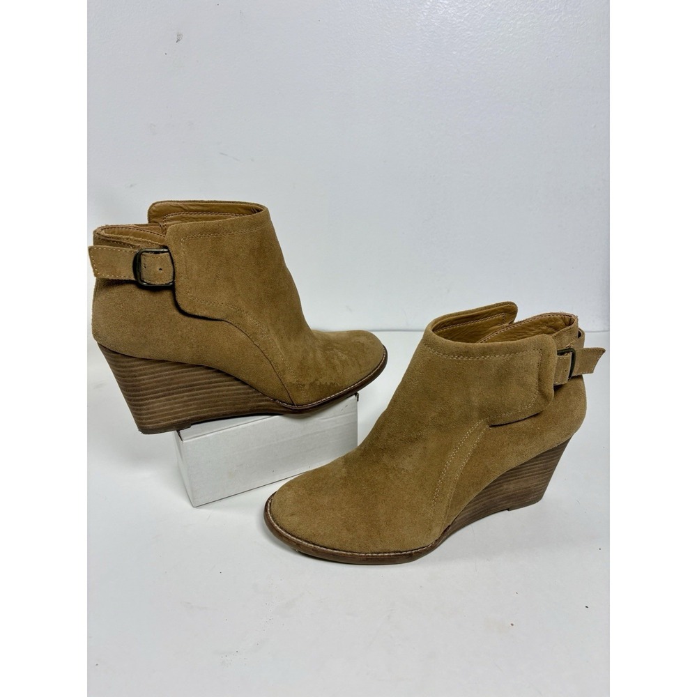 Lucky Brand Yasmine Wedge Booties - Womens Size 8W wide Camel Leather Faux Suede